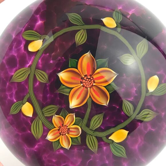 Perthshire 1999C Amber Flower Lampwork Garland Amethyst-Red Ground Paperweight - Picture 6 of 14